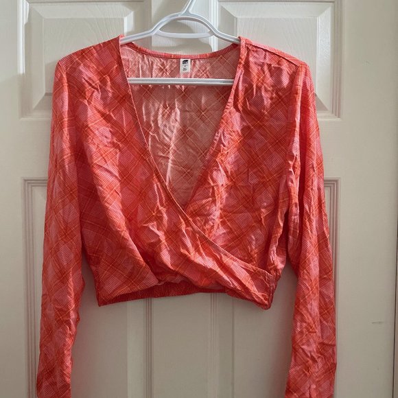 BP Surplice V-Neck Crop Top,  in Pink- Red Ian Bias Plaid - Picture 2 of 3